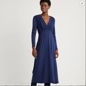 Quince Tencel Jersey V-Neck Long Sleeve Midi Dress Navy Blue Size Small